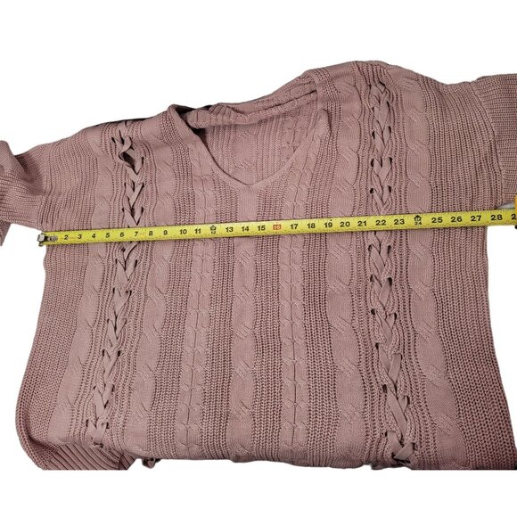 Cable-Knit Lace-Up Tunic Sweater V-Neck Long Sleeve Oversized Fit Pink X-Large - Picture 8 of 11